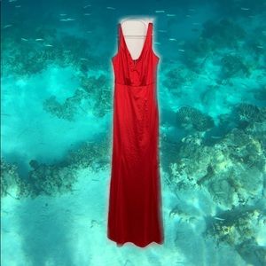 Long bright red silk dress with mermaid bodice style